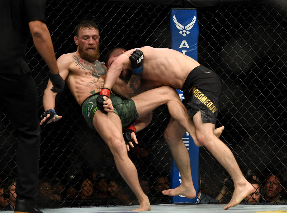 LAS VEGAS, CA - OCTOBER 06: Khabib Nurmagomedov takes down Conor McGregor during UFC 229 at the T-Mobile Arena in Las Vegas, Nev. Friday, Oct. 6, 2018. (Photo by Hans Gutknecht/Digital First Media/Los Angeles Daily News via Getty Images)