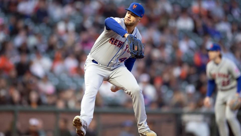 Apr 21, 2023; San Francisco, California, USA; New York Mets starting pitcher Joey Lucchesi (47) delivers a pitch against the San Francisco Giants during the first inning at Oracle Park