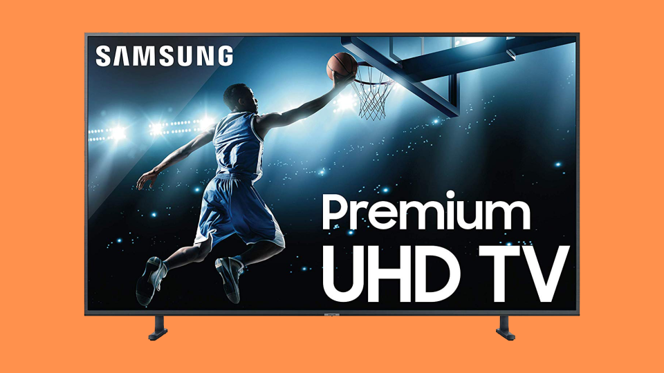 Samsung 65-inch 4K TV on orange background. (Photo: Amazon)