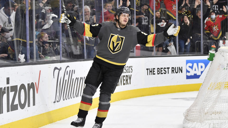 LAS VEGAS, NEVADA - MAY 28: Mattias Janmark #26 of the Vegas Golden Knights celebrates after scoring a goal during the third period against the Minnesota Wild in Game Seven of the First Round of the 2021 Stanley Cup Playoffs at T-Mobile Arena on May 28, 2021 in Las Vegas, Nevada. (Photo by Jeff Bottari/NHLI via Getty Images)