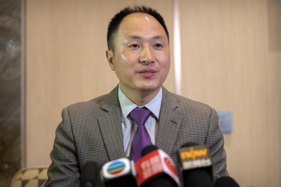 Chinese scientist He Jiankui speaks at a brief press conference in Beijing, Tuesday, Feb. 21, 2023. He, a Chinese scientist who set off an ethical debate five years ago with claims that he made the world’s first genetically edited babies, said Tuesday that he hopes to research rare hereditary diseases in Hong Kong. (AP Photo/Mark Schiefelbein)