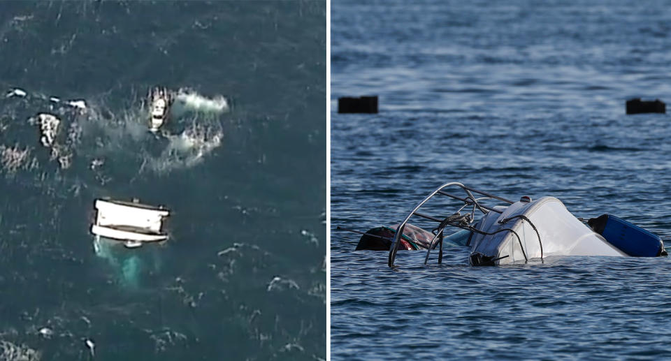 The boat seen floating upside down in the ocean. 