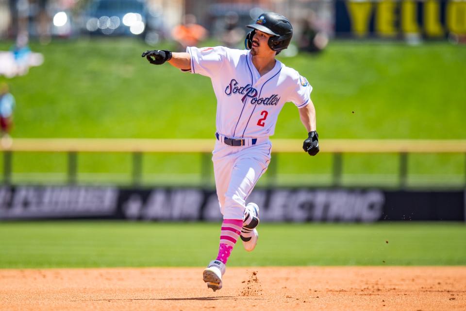 Amarillo Sod Poodles outfielder Corbin Carroll (2) rounds the bases after hitting a home run against the Midland RockHounds on Sunday, May 8, 2022, at HODGETOWN in Amarillo, Texas.