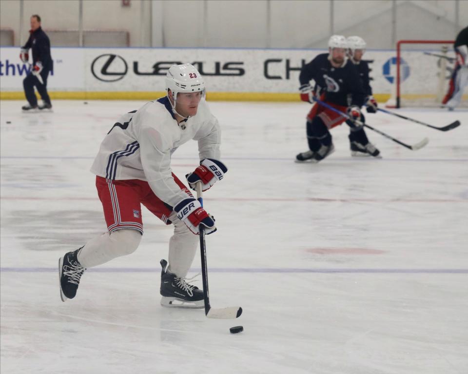 New York Rangers Adam Fox is pictured during a training session at their facility in Tarrytown, Sept. 22, 2023.