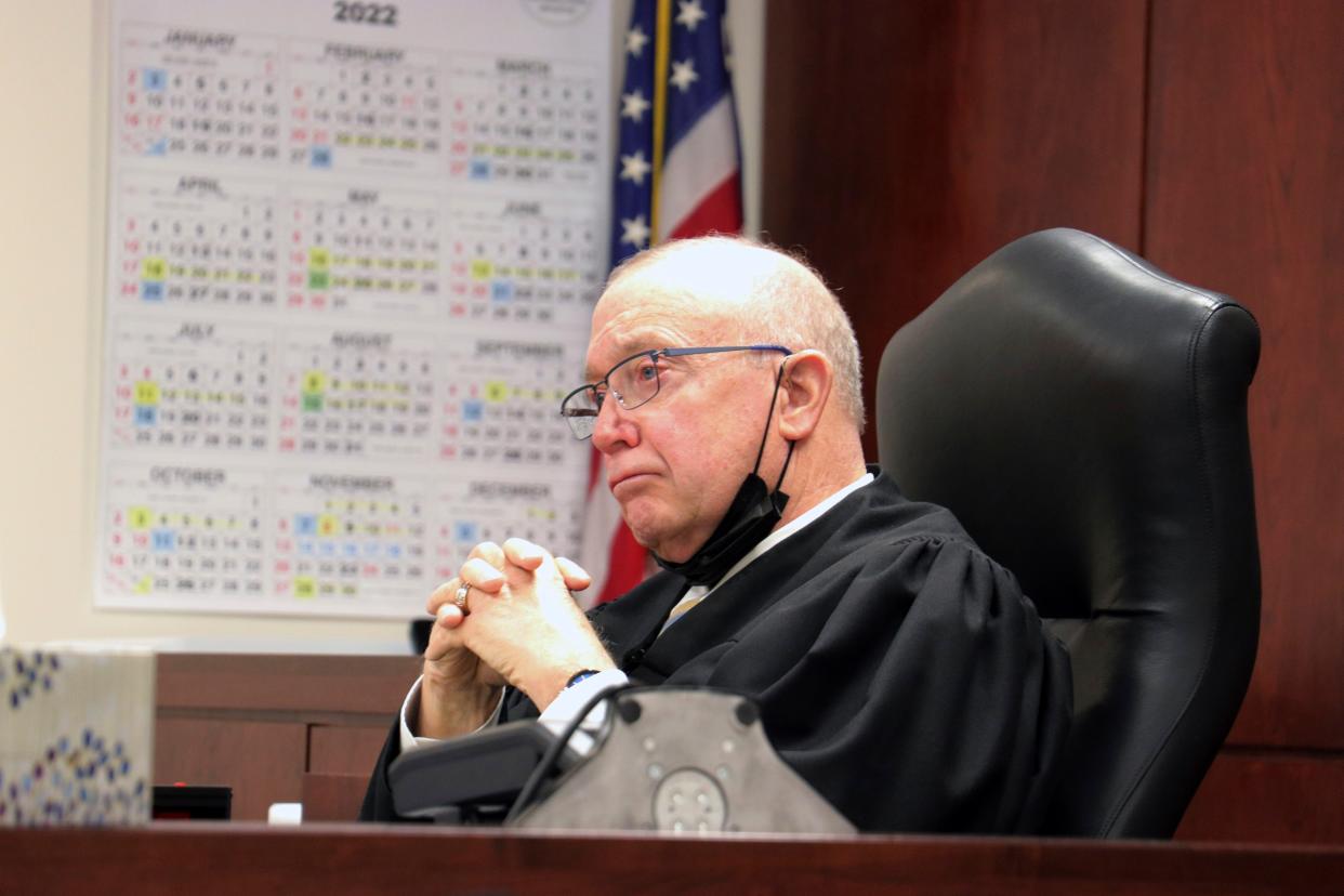 Judge Patrick McAllister listens to arguments during a hearing in court in Bath, N.Y. on Thursday, March, 31, 2022.