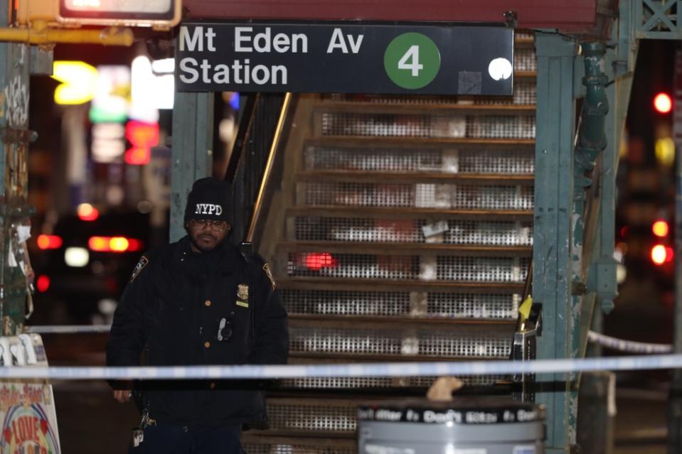 Police investigate at the Mount Eden Avenue station after a fight between two groups of teenagers broke out aboard a northbound 4 train around 4:40 p.m. with multiple people shot. William C Lopez/New York Post