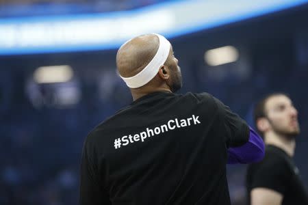 Mar 25, 2018; Sacramento, CA, USA; Sacramento Kings forward Vince Carter (15) stands on the court before the start of the game against the Boston Celtics at Golden 1 Center. Players from both teams wore t-shirts during warmups in honor of Stephon Clark, a Sacramento native who was recently shot and killed by Sacramento police. Cary Edmondson-USA TODAY Sports