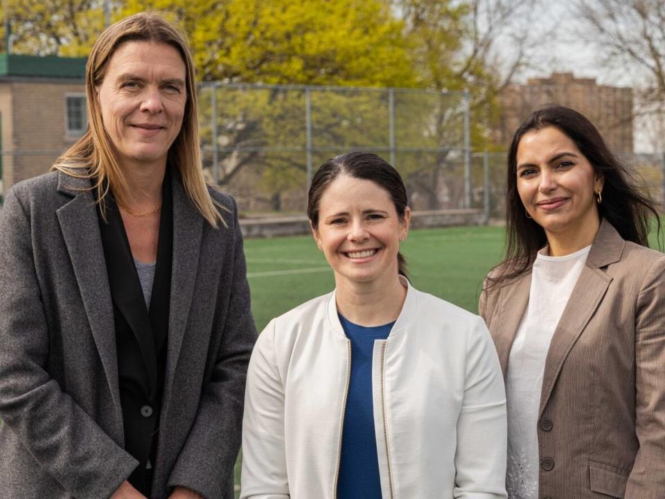 Diana Matheson, centre, is CEO of Project 8; Helena Ruken, left, is CEO of AFC Toronto City, and Shilpa Arora is general manager of DoorDash Canada, one of the team's sponsors. (APEX PR - image credit)