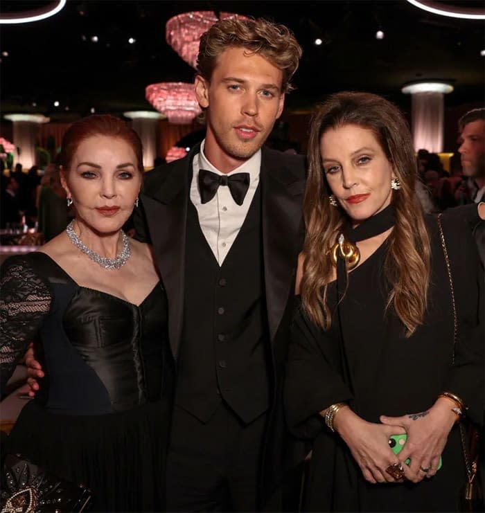 Austin Butler con Priscilla Presley y Lisa Marie