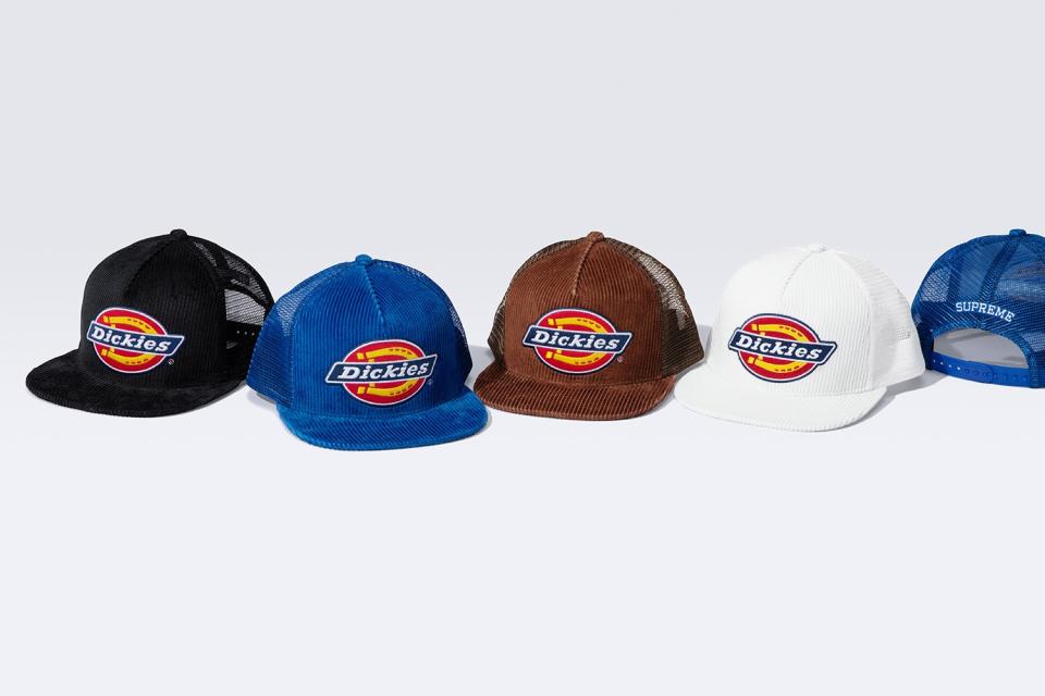 Supreme x Dickies 5 panel hats in black, blue, brown and white