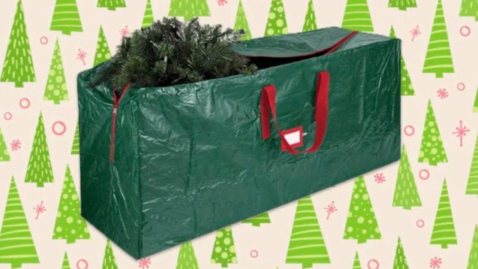 artificial christmas tree peeking out of storage bag