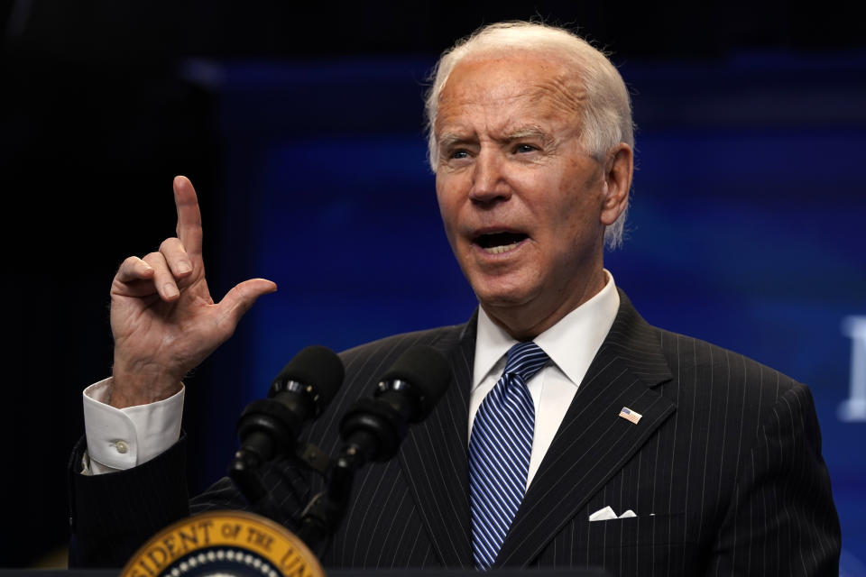 President Joe Biden speaks during an event on American manufacturing, in the South Court Auditorium on the White House complex, Monday, Jan. 25, 2021, in Washington. (AP Photo/Evan Vucci)