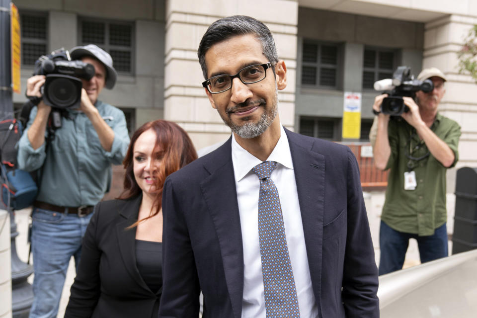 FILE - Google CEO Sundar Pichai leaves the federal courthouse in Washington on Oct. 30, 2023. Lawyers for both the Department of Justice and Google are presenting closing arguments in Washington, D.C., Friday, May 3, 2024, to conclude the biggest antitrust case in a quarter century. (AP Photo/Jose Luis Magana, File)