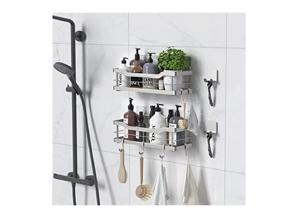 This shower organizer has hooks to hang your bathroom necessities and give your products more space. 