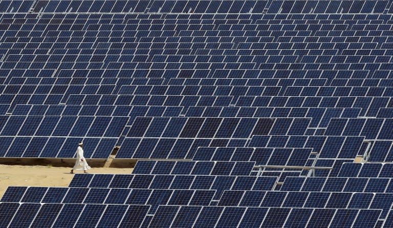 An Indian worker walks past lines of solar panels at Roha Dyechem solar plant in the western Indian state of Rajasthan on August 23, 2015