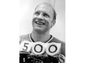 FILE - Bobby Hull of the Chicago Blackhawks holds pucks denoting his 500th career goal at Chicago, Ill., night on Feb. 22, 1970. Hull, a Hall of Fame forward who helped the Blackhawks win the 1961 Stanley Cup Final, has died. He was 84. The Blackhawks and the NHL Alumni Association announced the death of the two-time NHL MVP on Monday, Jan. 30, 2023. (AP Photo/Fred Jewell, file)