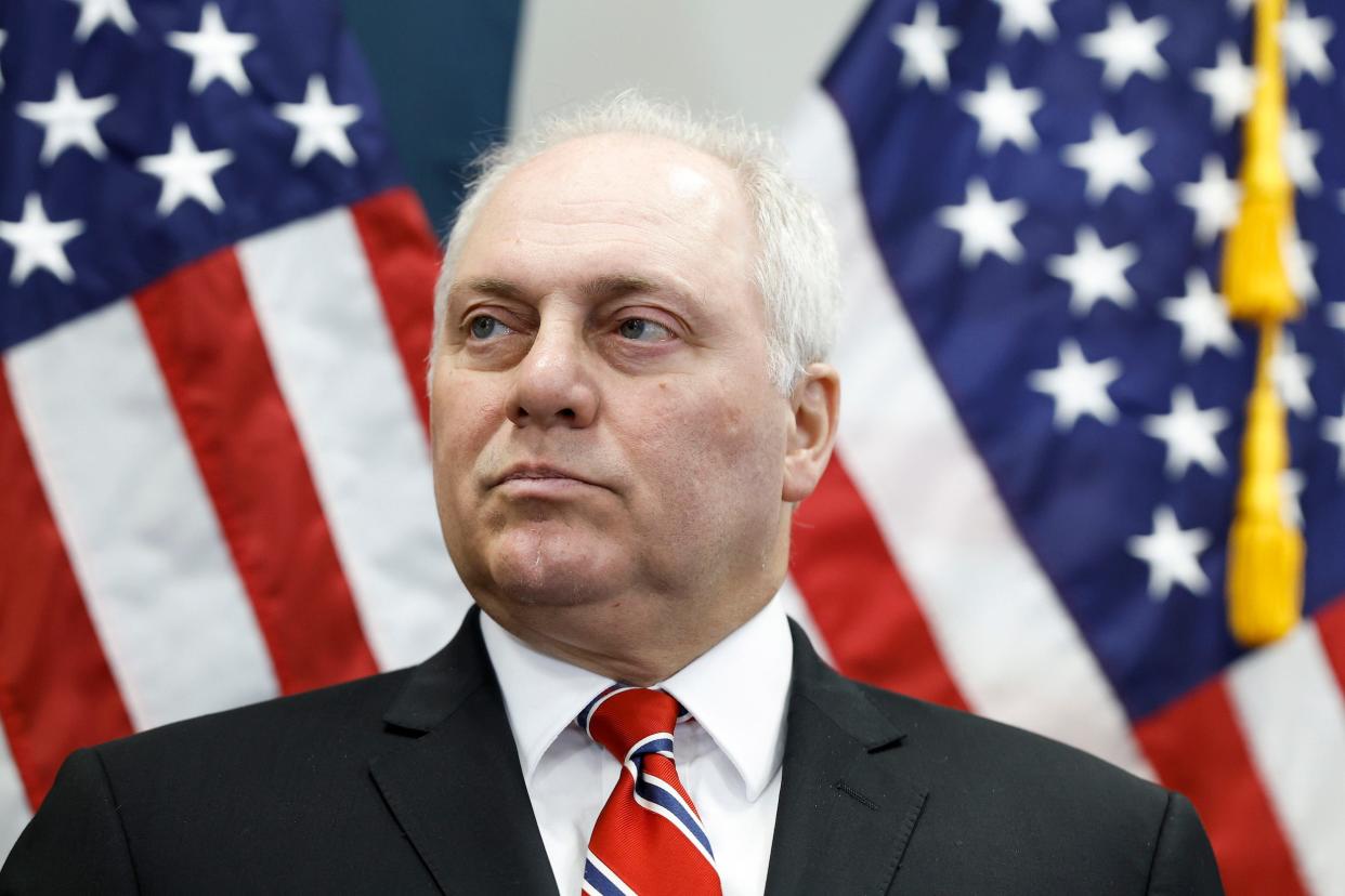 US House Majority Leader Rep. Steve Scalise listens during a press conference following a House Republican Conference meeting.