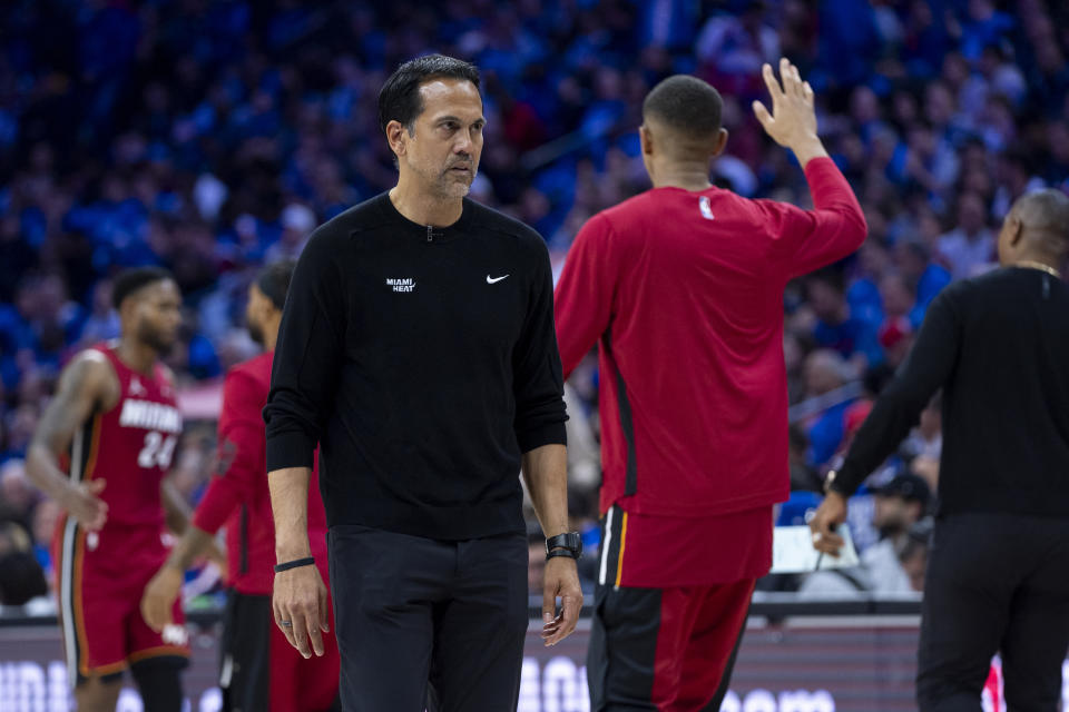 Miami Heat' head coach Erik Spoelstra looks on after calling time during the first half of an NBA basketball play-in tournament game against the Philadelphia 76ers, Wednesday, April 17, 2024, in Philadelphia. The 76ers won 105-104.(AP Photo/Chris Szagola)