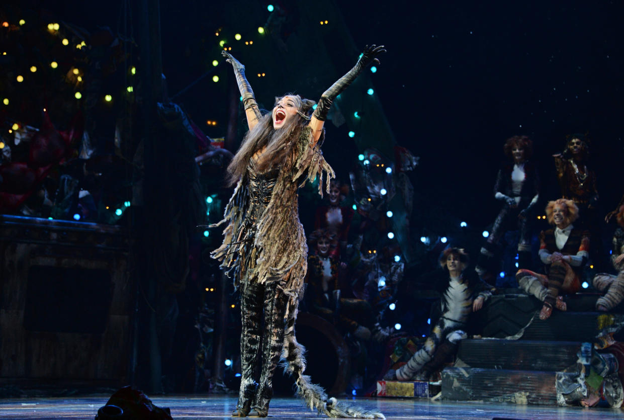 LONDON, ENGLAND - DECEMBER 11:  Nicole Scherzinger bows at the curtain call during the press night performance of "Cats" as Nicole Scherzinger joins the cast at the London Palladium on December 11, 2014 in London, England.  (Photo by David M. Benett/Getty Images)