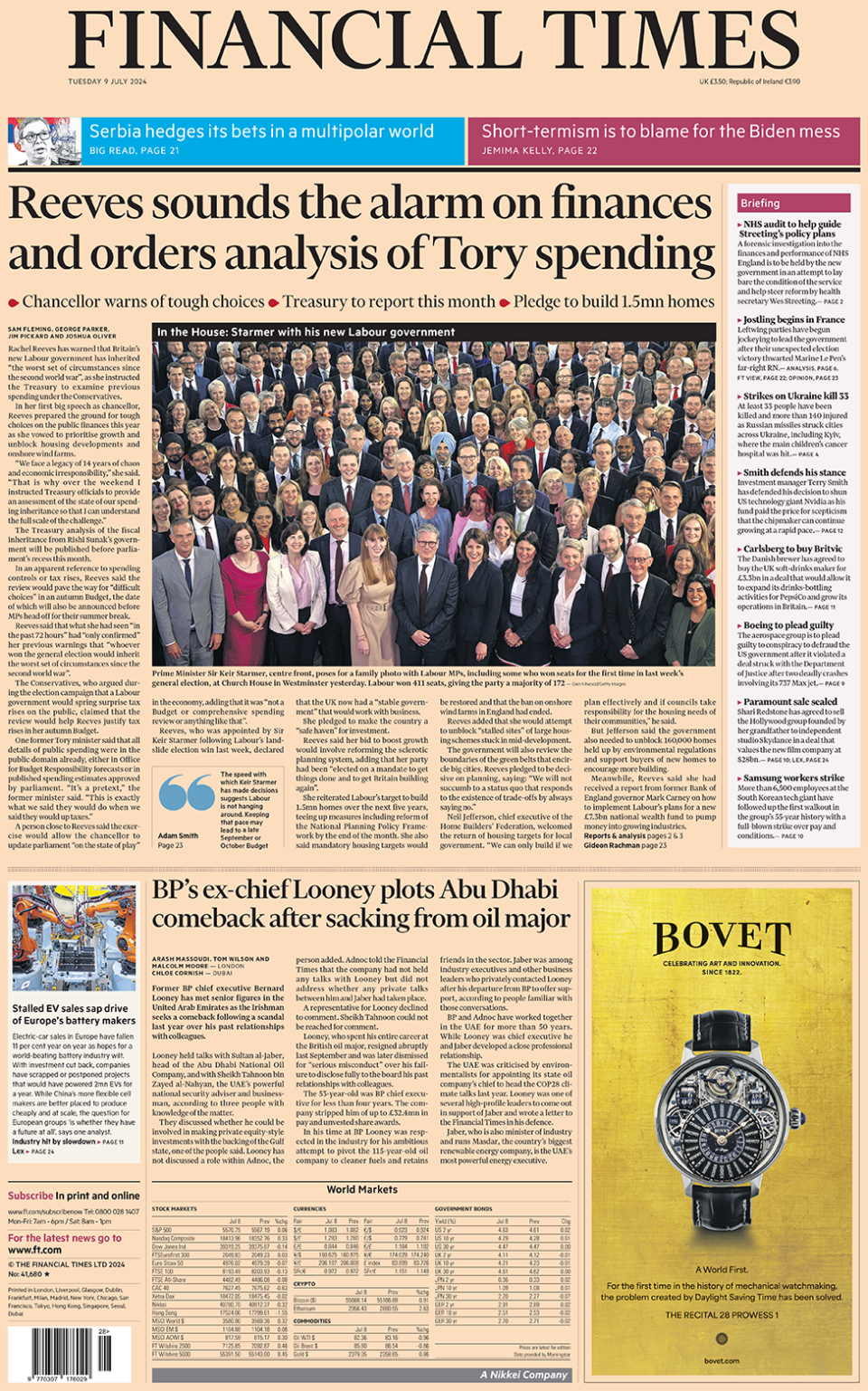 Front page of the FT, with a headline about Rachel Reeves ordering an analysis of Tory spending