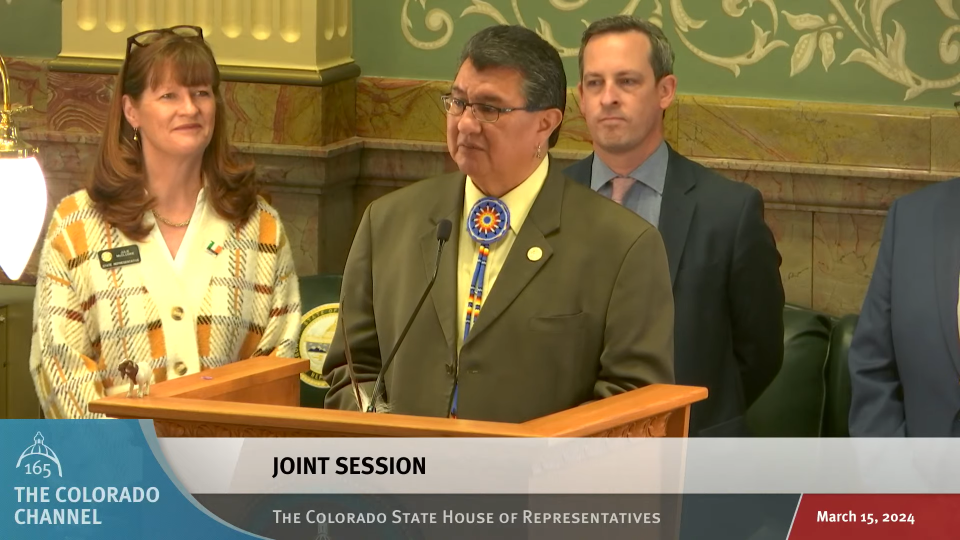 In this screenshot, Chairman Manuel Heart of the Ute Mountain Ute Tribe addresses the Colorado General Assembly on March 15, 2024.