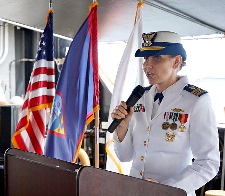 Cmdr. Linden Dahlkemper, of the USCGC Sequoia (WLB 215), gives remarks during the change of command ceremony on July 15, 2022, at Naval Base Guam.