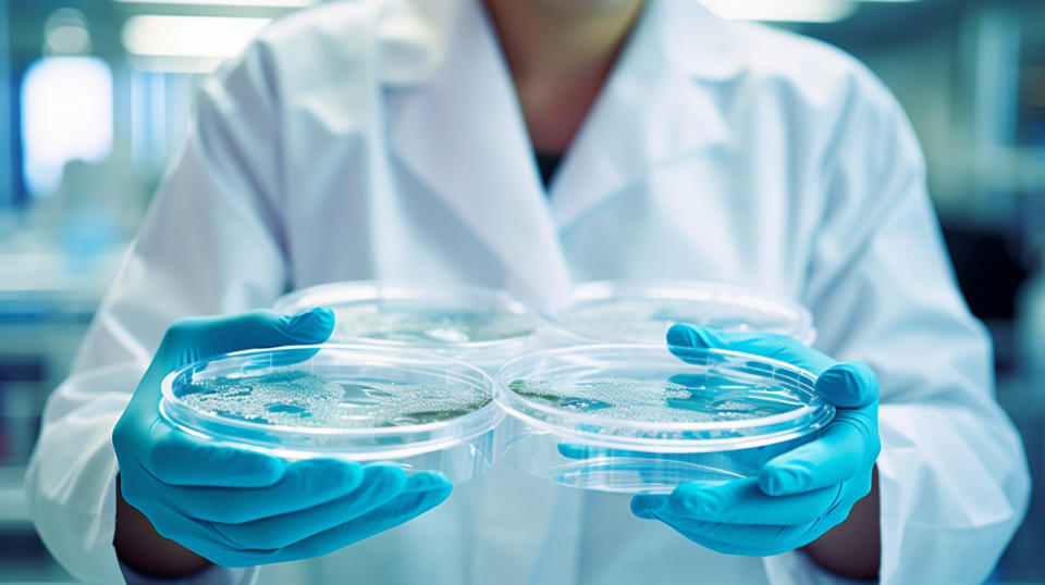 A laboratory technician wearing a lab coat holding a Petri dish with water samples.