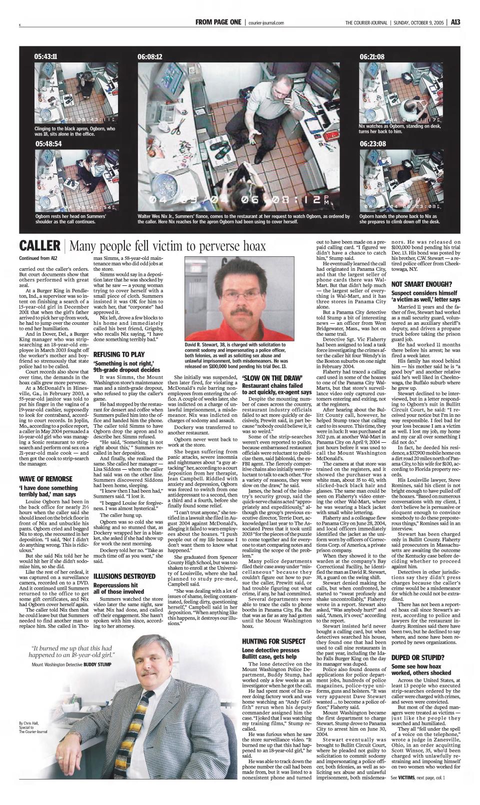 A page from the Oct. 9, 2005, edition of The Courier Journal breaking the story of the McDonald's hoax call that duped managers into strip-searching a teen worker in Mount Washington, Kentucky.