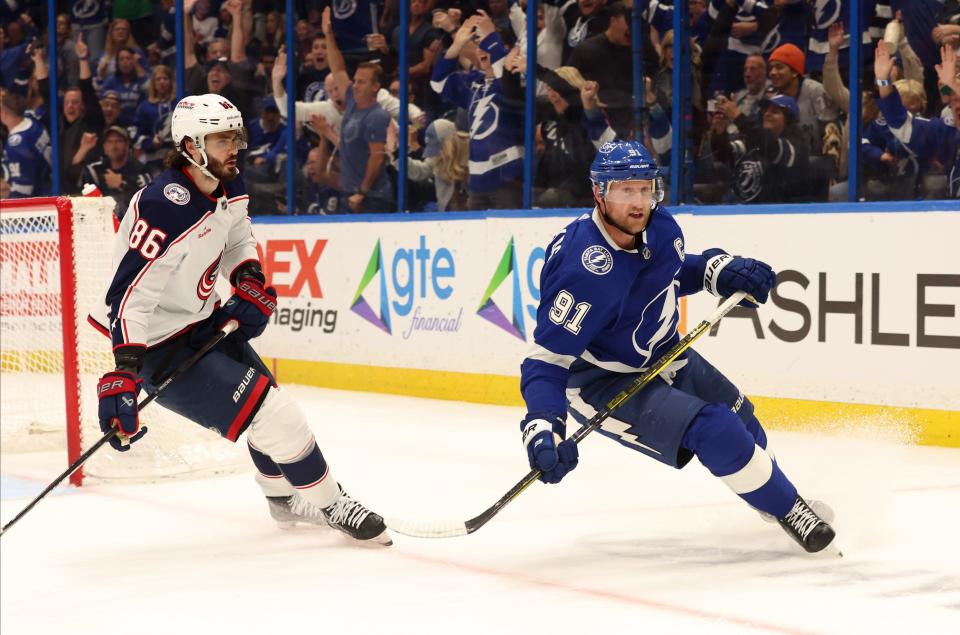 Apr 9, 2024; Tampa, Florida, USA; Tampa Bay Lightning center Steven Stamkos (91) scores a hat trick against the Columbus Blue Jackets during the third period at Amalie Arena. Mandatory Credit: Kim Klement Neitzel-USA TODAY Sports