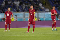 From left, Turkey's Kaan Ayhan, Burak Yilmaz and Merih Demiral react after Italy's Lorenzo Insigne scored his side's third goal, during the Euro 2020, soccer championship group A match between Italy and Turkey, at the Rome Olympic stadium, Friday, June 11, 2021. (AP Photo/Alessandra Tarantino, Pool)