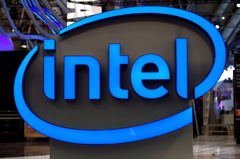 FILE PHOTO: Intel's logo is pictured during preparations at the CeBit computer fair in Hanover