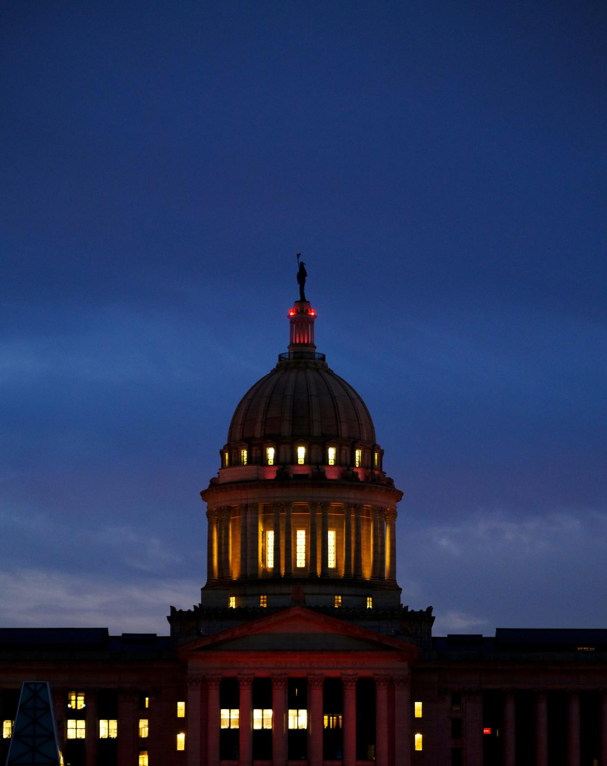 The Oklahoma Capitol is shown at night Tuesday.