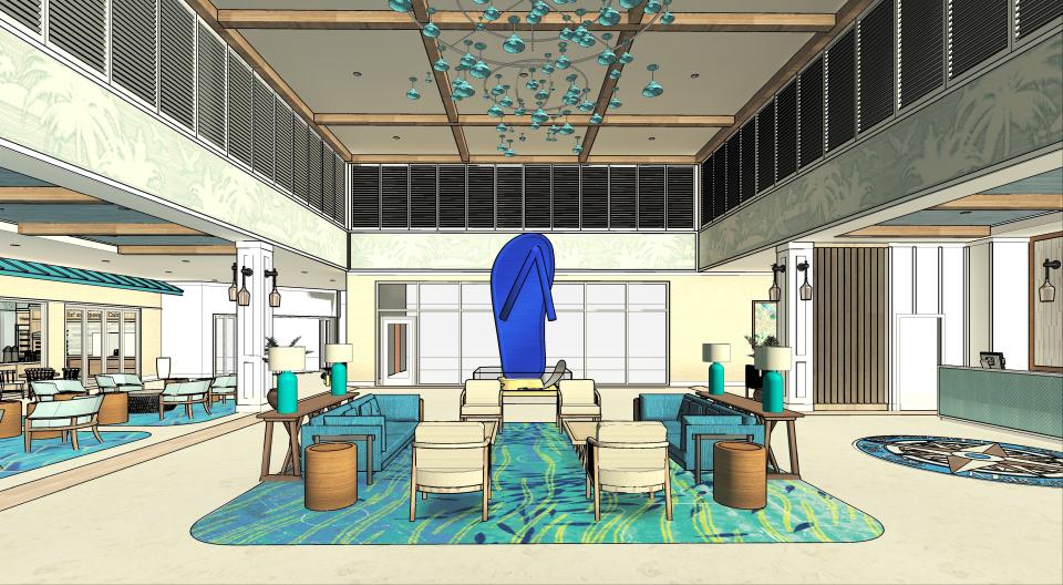 A rendering of the lobby proposed for the Margaritaville resort planned for the property now home to the Cape Codder Resort and Spa in Hyannis.