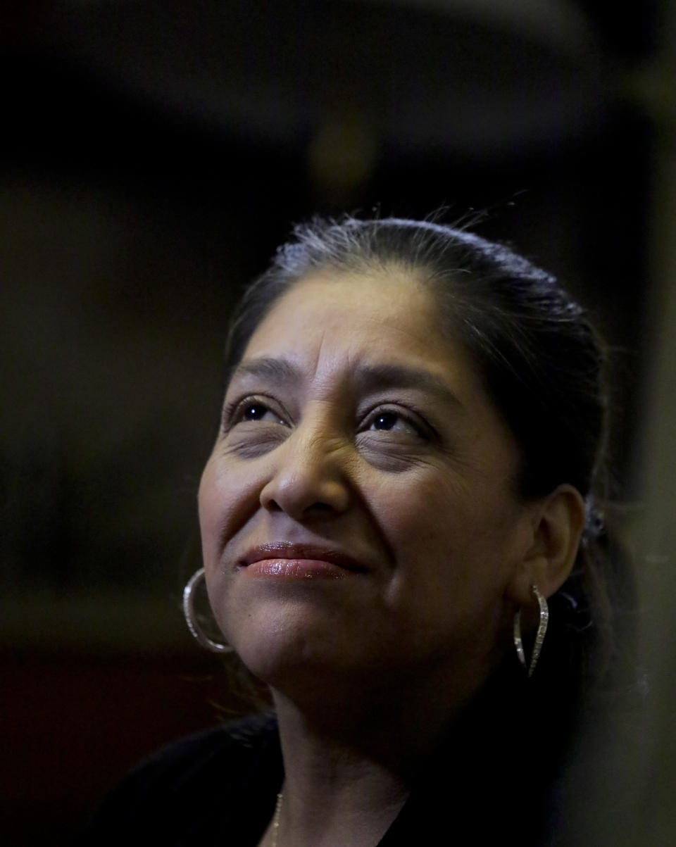 Victorina Morales recalls her experience working at President Donald Trump's golf resort in Bedminster, N.J., during an interview, Friday Dec. 7, 2018, in New York. Morales say she used false legal documents to get hired at the resort and supervisors knew it. (AP Photo/Bebeto Matthews)