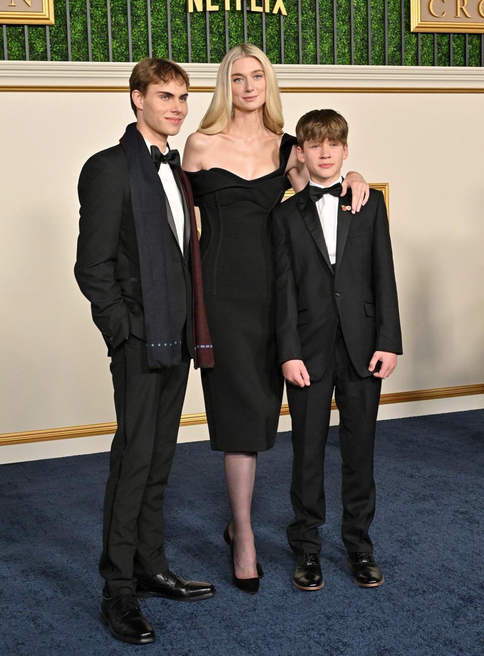 Rufus Kampa, Elizabeth Debicki and Fflyn Edwards attend the Los Angeles Premiere of Netflix's "The Crown" Season 6 Part 1 at Regency Village Theatre on November 12, 2023 in Los Angeles, California.