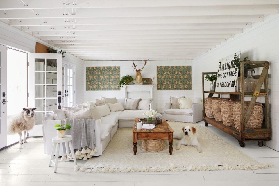 white living room with white furniture and rustic furniture