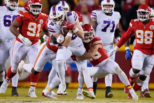 Buffalo Bills tight end Dawson Knox (88) is tackled by Kansas City