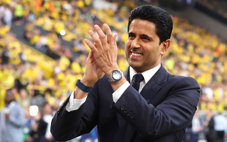 Nasser Al-Khelaifi, President of Paris Saint-Germain, applauds the fans prior to the UEFA Champions League semi-final first leg