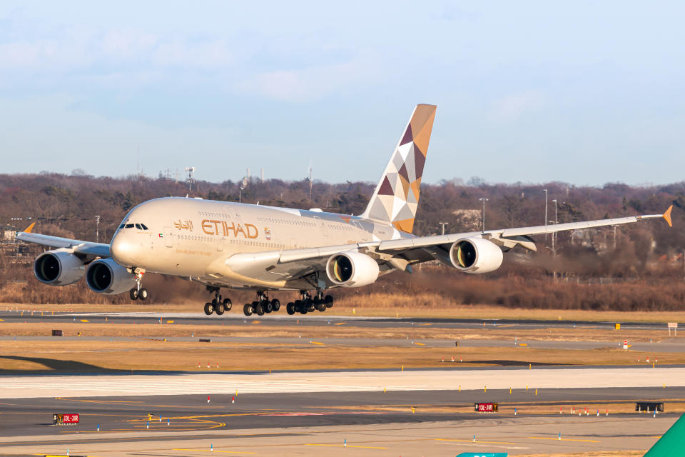 Etihad Airways Airbus A380-800 airplane at New York John F. Kennedy airport 