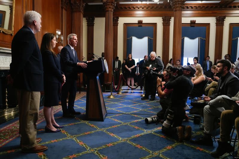 U.S. House Speaker Kevin McCarthy speaks to reporters in the U.S. Capitol after the House of Representatives passed a stopgap government funding bill to avert an immediate government shutdown, on Capitol Hill