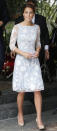 <p>Kate attended a tea party in Kuala Lumpur in an ice blue Temperley dress. Featuring elegant white embroidery, she wore nude L.K. Bennett heels. </p><p><i>[Photo: PA]</i></p>