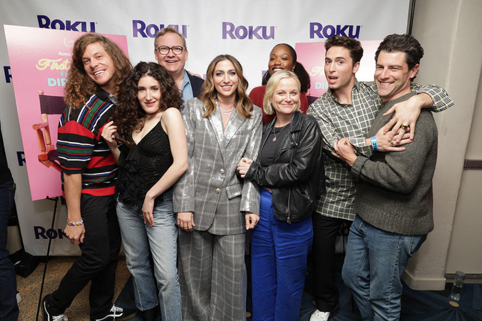 Blake Anderson, Kate Berlant, Andy Richter, Chelsea Peretti, Amy Poehler, Xosha Roquemore, Benito Skinner and Max Greenfield seen at Los Angeles Friends and Family Screening of Roku's "First Time Female Director" at Vidiots Foundation - Eagle Theatre on March 18, 2024 in Los Angeles, California.