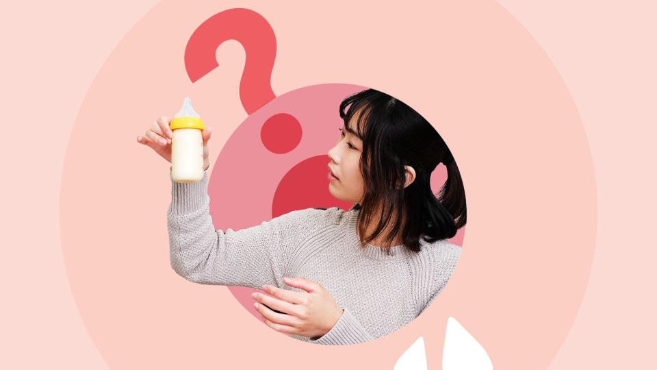 Graphic with a photo of a person looking at a baby bottle full of milk against circles with a large question mark