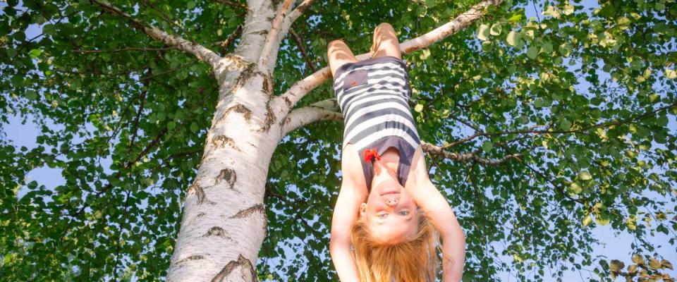 Young girl hanging from tree upside-down