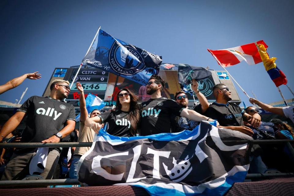 Charlotte FC fans cheer before a game between Charlotte FC and the Vancouver Whitecaps at Bank of America Stadium in Charlotte Sunday, May 22, 2022. Gov. Roy Cooper signed a bill legalizing online sports gambling on Wednesday, June 14, 2023
