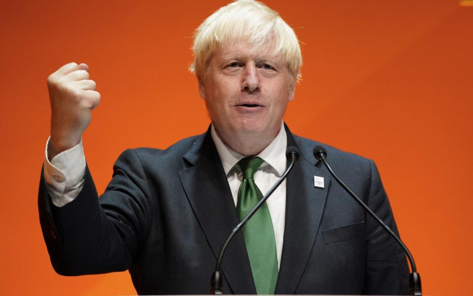 Boris Johnson is pictured addressing the Commonwealth Business Forum at the ICC in Birmingham this morning  - Peter Byrne/PA