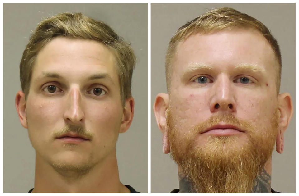 FILE - This photo combo of images provided by the Kent County Sheriff shows Daniel Harris, left, and Brandon Caserta in booking photos. On Friday, April 8, 2022, jurors acquitted Harris and Caserta of all charges in a plot to kidnap Michigan Gov. Gretchen Whitmer, but couldn’t reach verdicts against the two alleged leaders. In addition, Harris was acquitted of charges related to explosives and a gun. (Kent County Sheriff via AP, File)