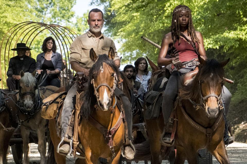 Seth Gilliam as Father Gabriel Stokes, Pollyanna McIntosh as Jadis/Anne, Andrew Lincoln as Rick Grimes, Danai Gurira as Michonne, Alanna Masterson as Tara Chambler - The Walking Dead _ Season 9, Episode 1 - Photo Credit: Jackson Lee Davis/AMC