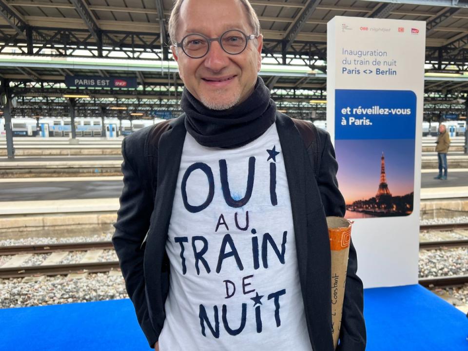 Welcome sign: Pascal Dauboin waiting for the first restored Berlin-Paris sleeper train (Simon Calder)