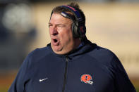 Illinois head coach Bret Bielema calls his team during the first half of an NCAA college football game against Northwestern in Evanston, Ill., Saturday, Nov. 26, 2022. (AP Photo/Nam Y. Huh)